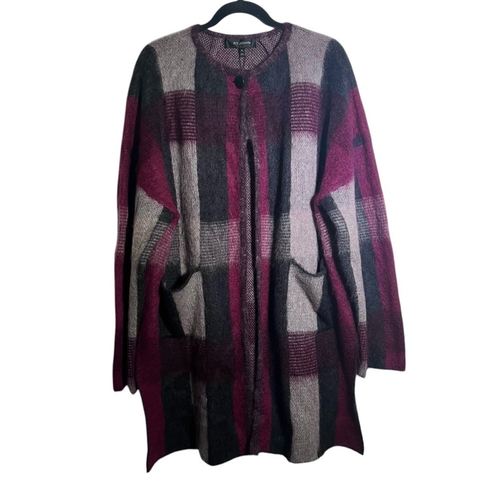St John Collection Red Gray Brushed Line Plaid Sweater Jacket NWT XL
